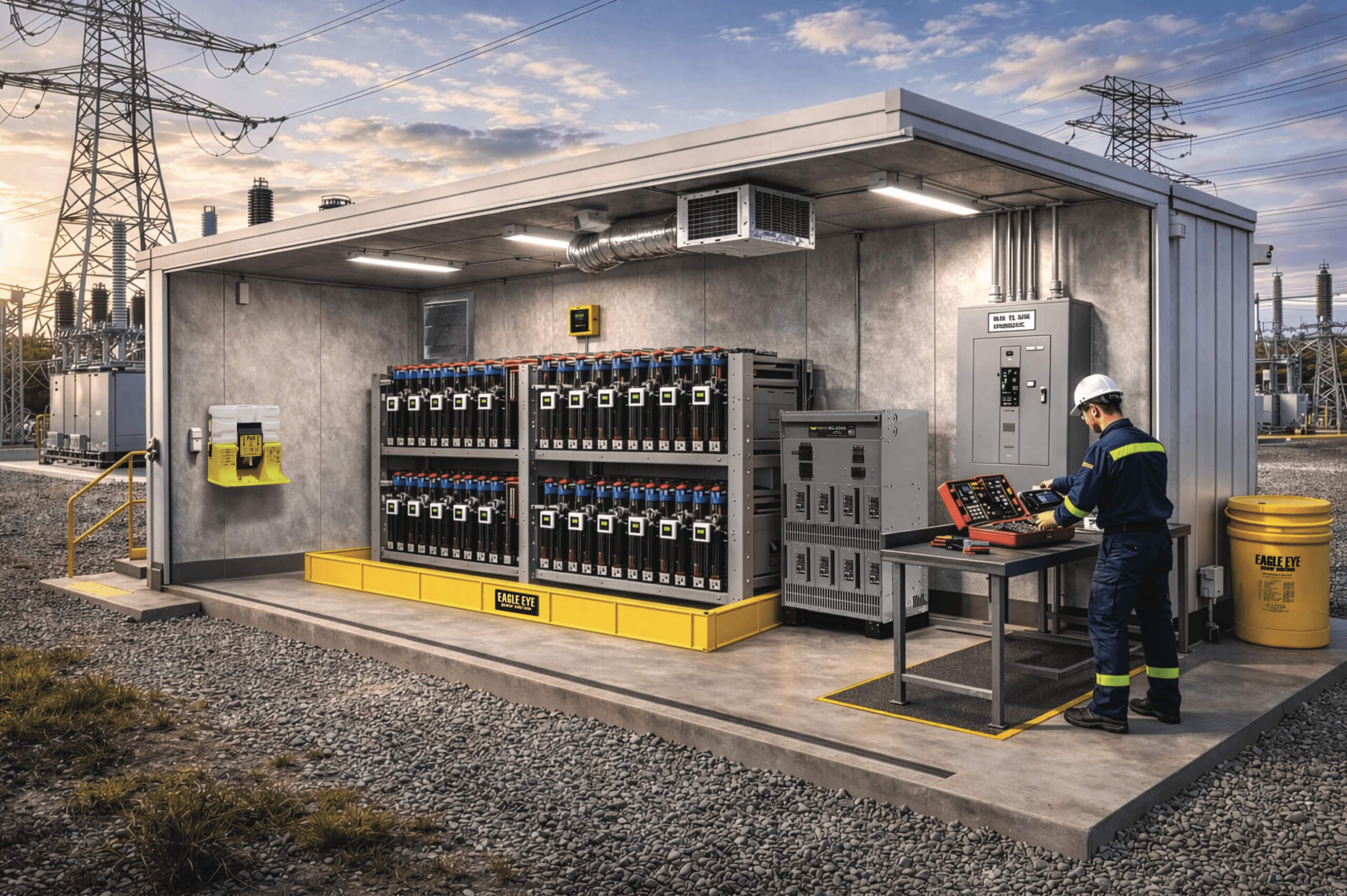 Illustration of a substation battery room with battery monitoring sensors, a DC charger, spill containment, and a technician using test equipment.